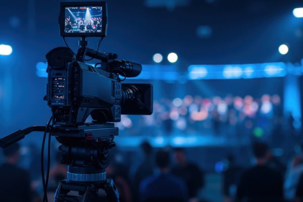 Camera recording live event with audience.